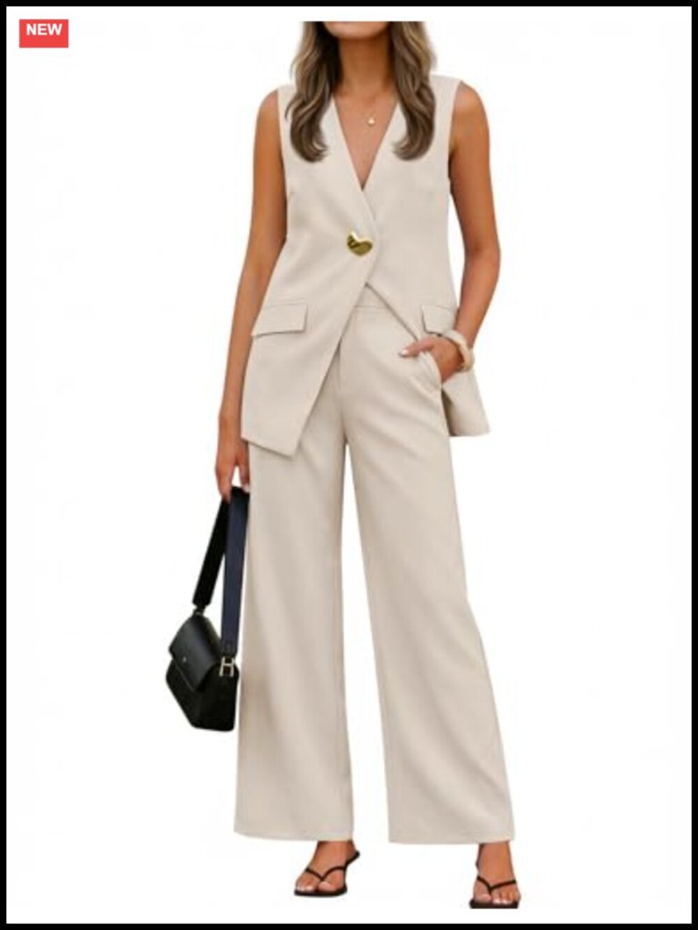 Sleeveless 2 Piece Blazer Suit Sets Women's Summer Outfits Wide Leg Pant Suit